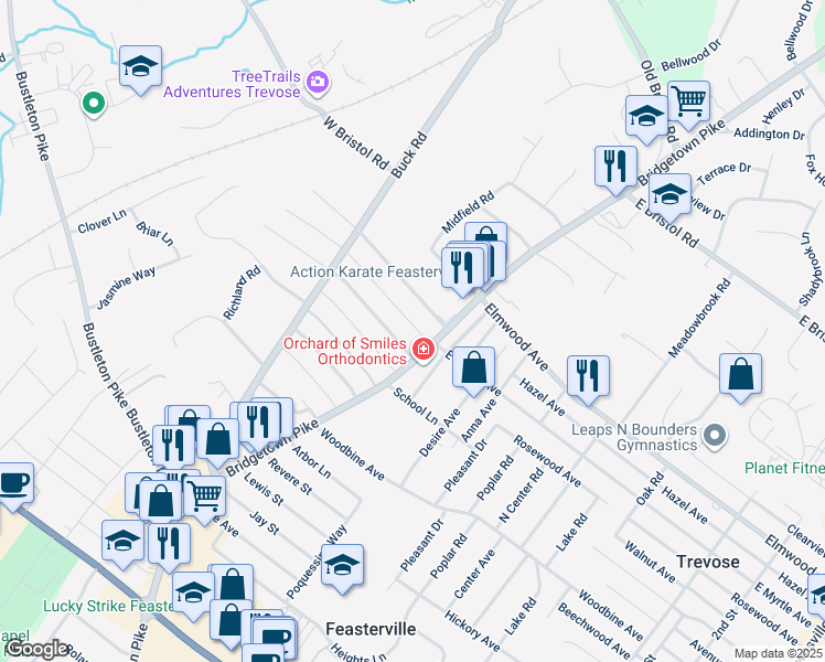 map of restaurants, bars, coffee shops, grocery stores, and more near 20 West Myrtle Avenue in Feasterville-Trevose