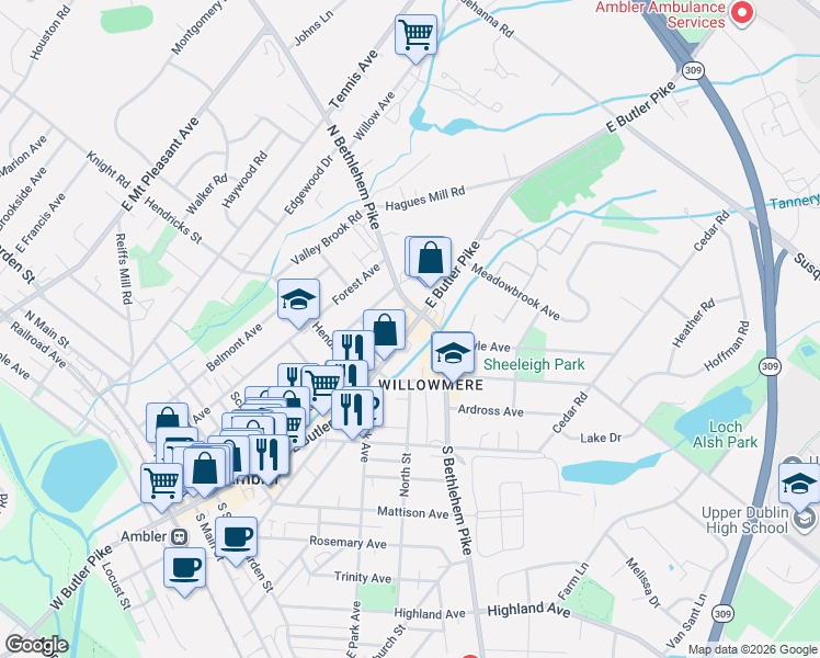 map of restaurants, bars, coffee shops, grocery stores, and more near 375 Heckler Street in Ambler