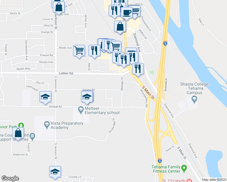 map of restaurants, bars, coffee shops, grocery stores, and more near 1305 Howard Court in Red Bluff