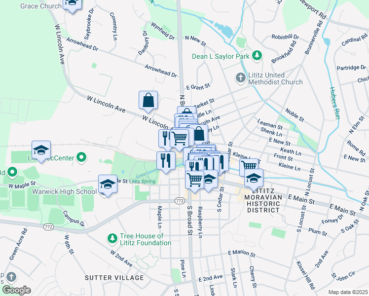 map of restaurants, bars, coffee shops, grocery stores, and more near 56 North Broad Street in Lititz