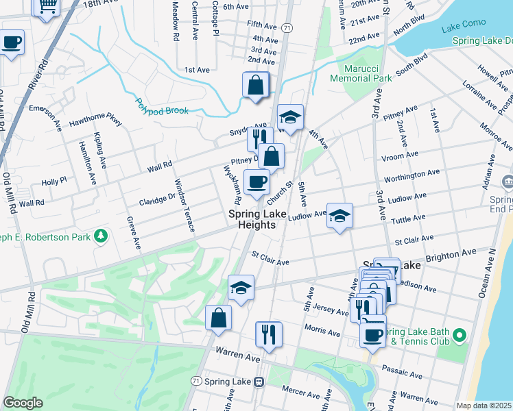 map of restaurants, bars, coffee shops, grocery stores, and more near 2011 New Jersey 71 in Spring Lake