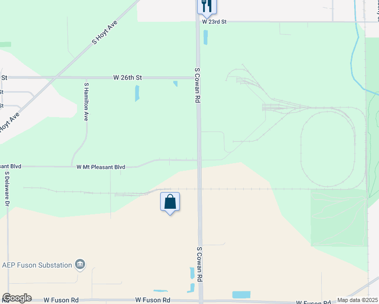 map of restaurants, bars, coffee shops, grocery stores, and more near 3801 South Cowan Road in Muncie