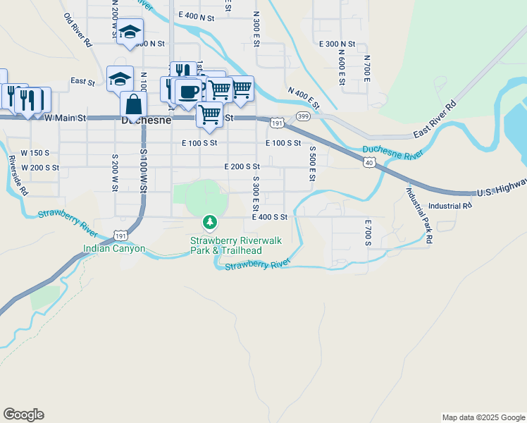 map of restaurants, bars, coffee shops, grocery stores, and more near 325 East 400 South Street in Duchesne