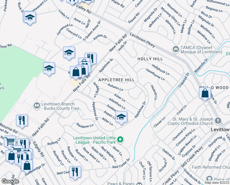map of restaurants, bars, coffee shops, grocery stores, and more near 60 Aster Lane in Levittown