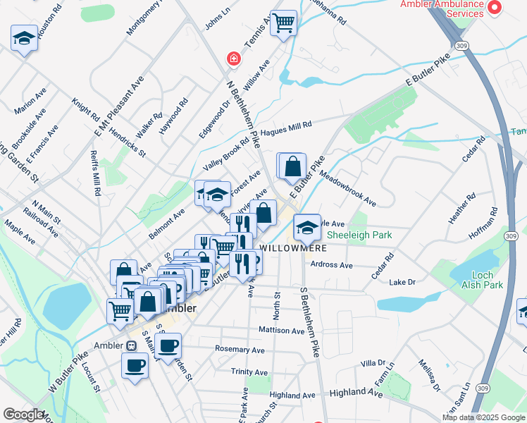 map of restaurants, bars, coffee shops, grocery stores, and more near 375 Heckler Street in Ambler