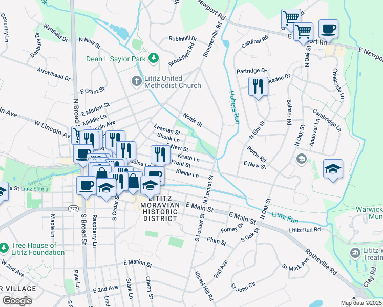 map of restaurants, bars, coffee shops, grocery stores, and more near 312 East New Street in Lititz