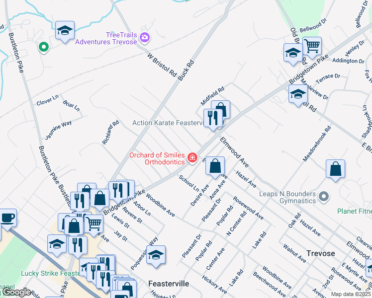 map of restaurants, bars, coffee shops, grocery stores, and more near 20 West Myrtle Avenue in Feasterville-Trevose