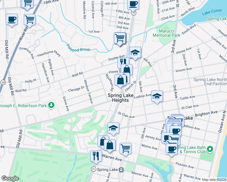 map of restaurants, bars, coffee shops, grocery stores, and more near 31 Wyckham Road in Spring Lake