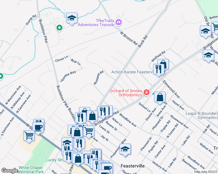map of restaurants, bars, coffee shops, grocery stores, and more near 1512 Buck Road in Feasterville-Trevose