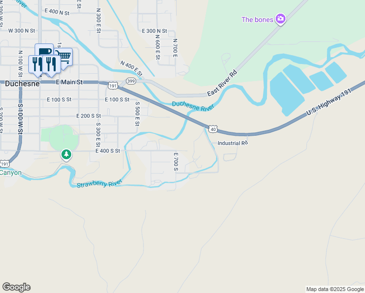 map of restaurants, bars, coffee shops, grocery stores, and more near 641 East 400 South in Duchesne