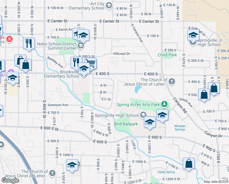 map of restaurants, bars, coffee shops, grocery stores, and more near 652 South Brookside Drive in Springville