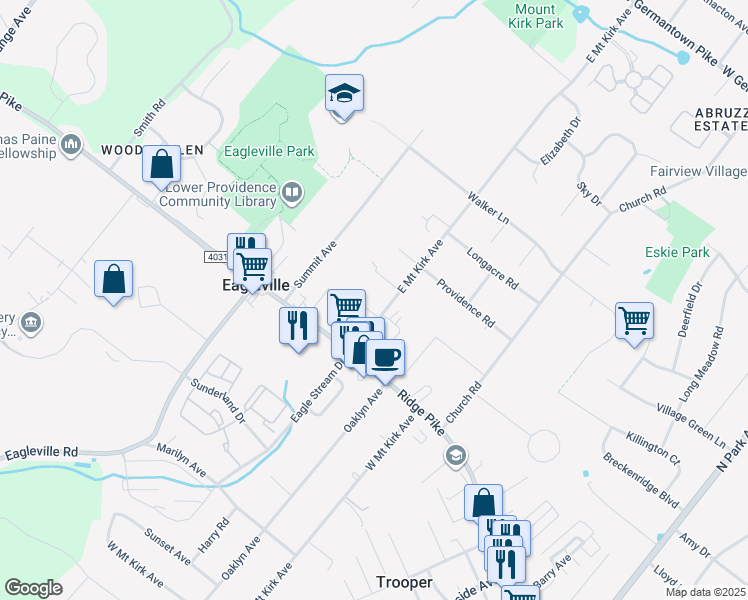 map of restaurants, bars, coffee shops, grocery stores, and more near 27 East Mount Kirk Avenue in Eagleville
