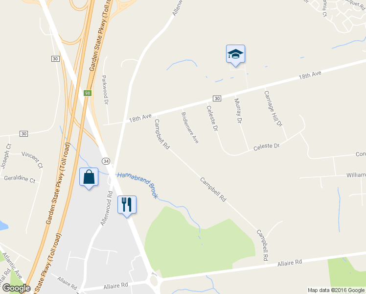 map of restaurants, bars, coffee shops, grocery stores, and more near 1830 Campbell Road in Wall Township