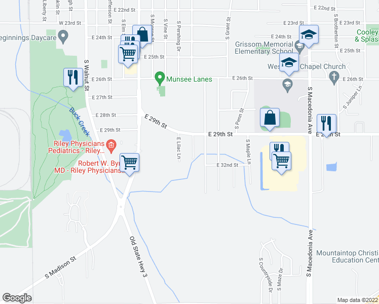 map of restaurants, bars, coffee shops, grocery stores, and more near 3629 South Swartz Drive in Muncie
