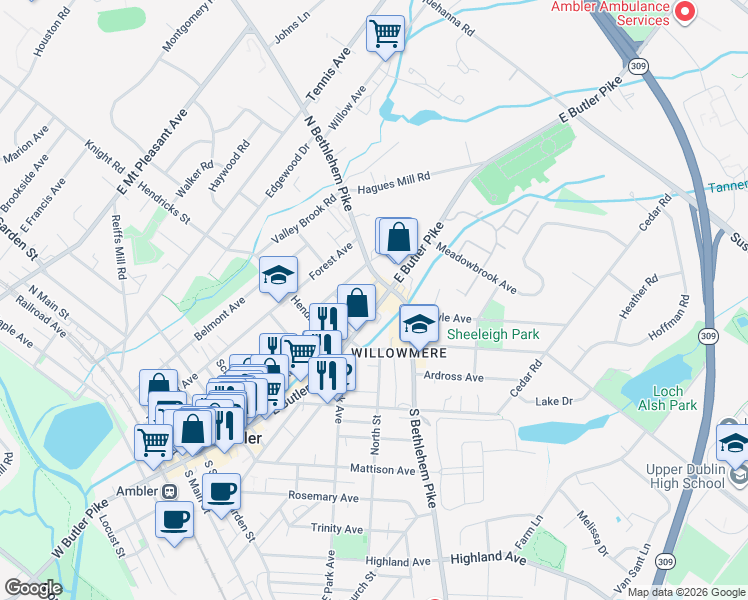map of restaurants, bars, coffee shops, grocery stores, and more near 375 Heckler Street in Ambler