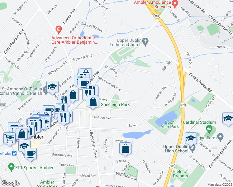 map of restaurants, bars, coffee shops, grocery stores, and more near 16 Douglas Street in Ambler