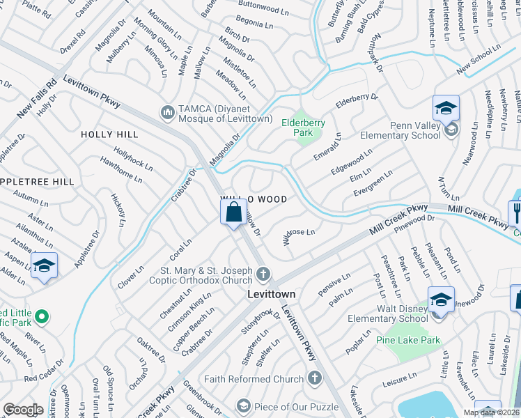 map of restaurants, bars, coffee shops, grocery stores, and more near 15 Walnut Lane in Levittown