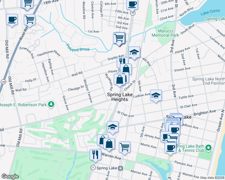 map of restaurants, bars, coffee shops, grocery stores, and more near 31 Wyckham Road in Spring Lake