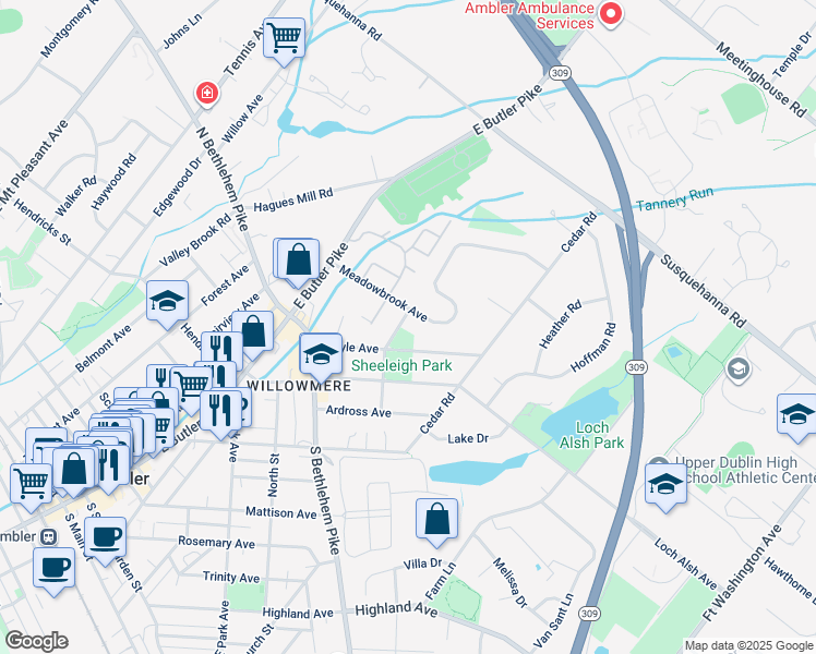 map of restaurants, bars, coffee shops, grocery stores, and more near 4 Douglas Street in Ambler