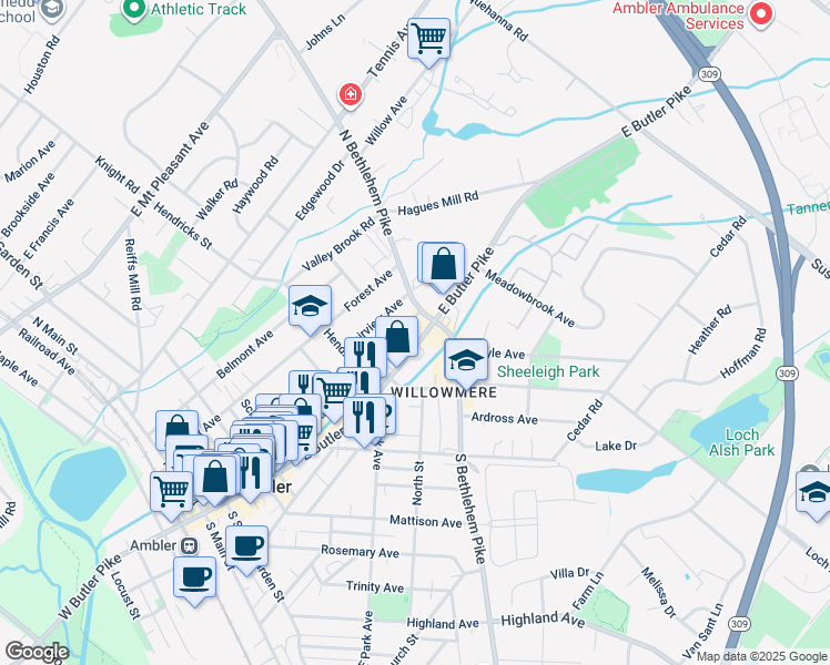 map of restaurants, bars, coffee shops, grocery stores, and more near 375 Heckler Street in Ambler