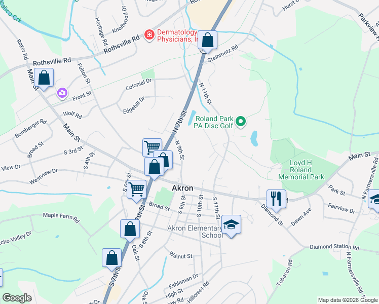 map of restaurants, bars, coffee shops, grocery stores, and more near 121 North 9th Street in Akron