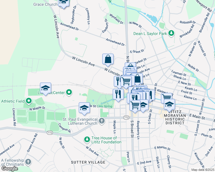 map of restaurants, bars, coffee shops, grocery stores, and more near 116 West Lincoln Avenue in Lititz