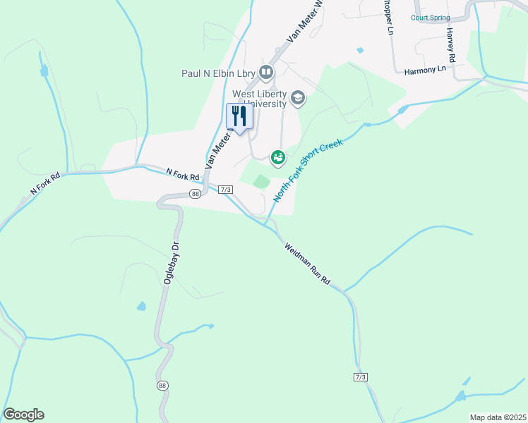 map of restaurants, bars, coffee shops, grocery stores, and more near Fowler Apt Rd in Wheeling