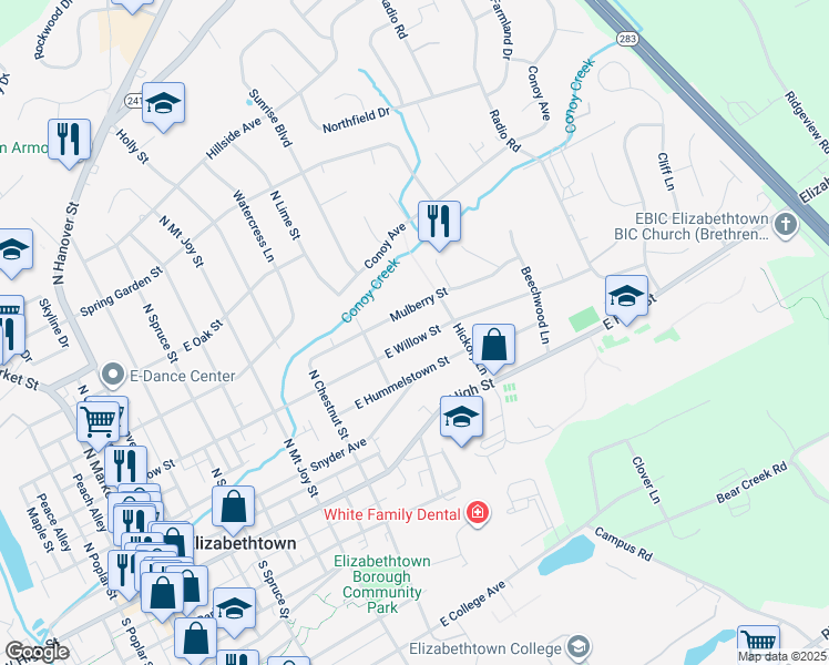 map of restaurants, bars, coffee shops, grocery stores, and more near 581 East Willow Street in Elizabethtown