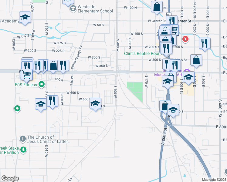 map of restaurants, bars, coffee shops, grocery stores, and more near 550 South 400 West in Springville