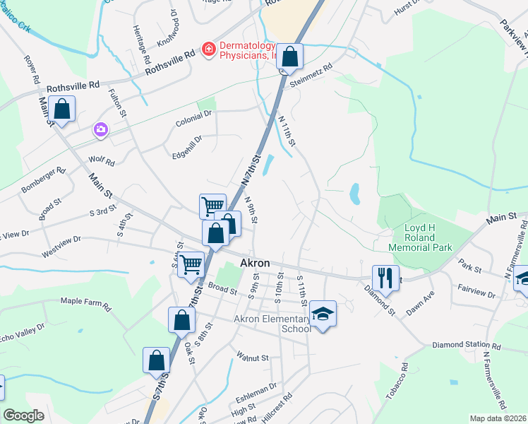 map of restaurants, bars, coffee shops, grocery stores, and more near 121 North 9th Street in Akron
