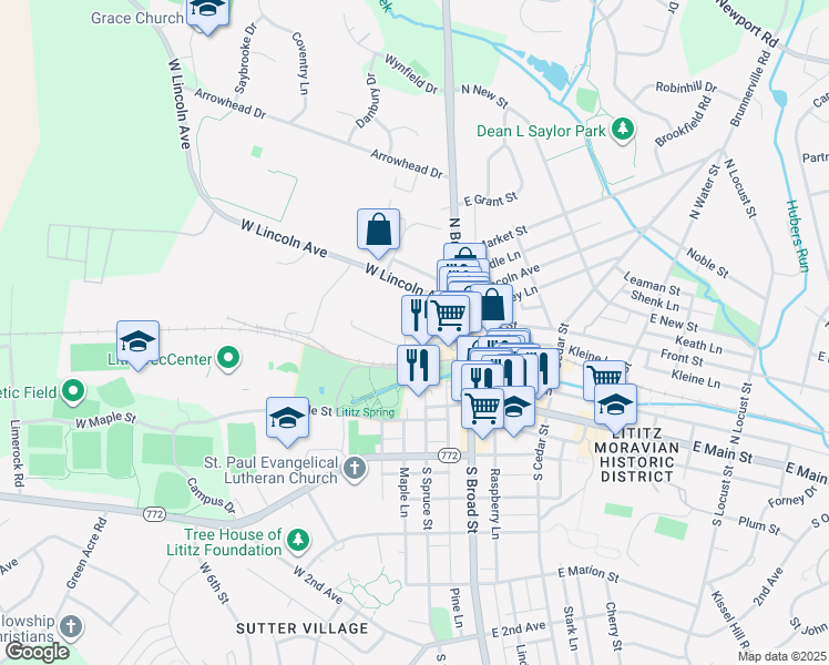 map of restaurants, bars, coffee shops, grocery stores, and more near 105 Warwick Street in Lititz