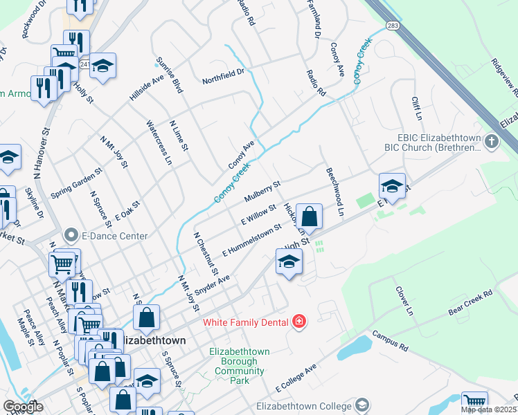 map of restaurants, bars, coffee shops, grocery stores, and more near 581 East Willow Street in Elizabethtown
