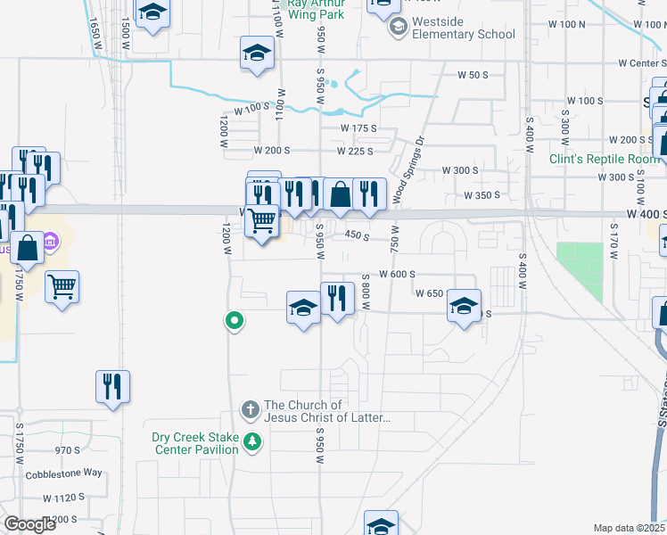 map of restaurants, bars, coffee shops, grocery stores, and more near 888 West 600 South in Springville