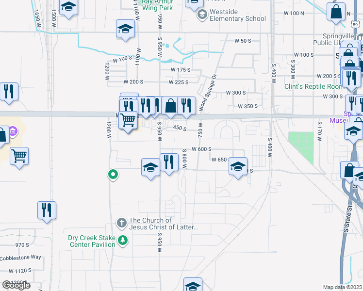 map of restaurants, bars, coffee shops, grocery stores, and more near 814 West 600 South in Springville