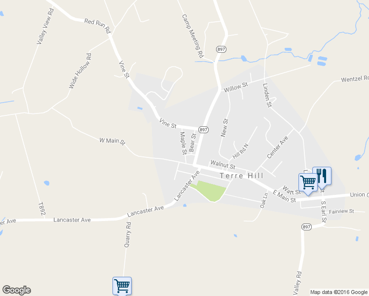 map of restaurants, bars, coffee shops, grocery stores, and more near 410 Maple Street in East Earl