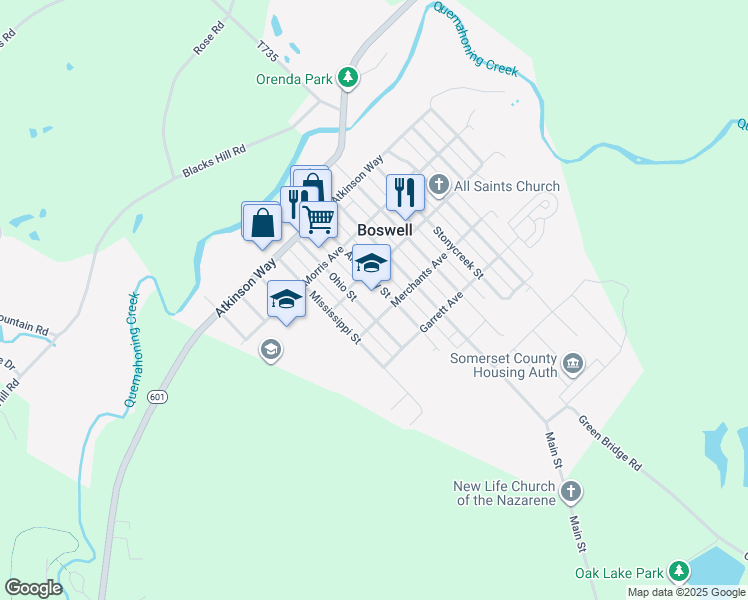 map of restaurants, bars, coffee shops, grocery stores, and more near 400 Ohio Street in Boswell