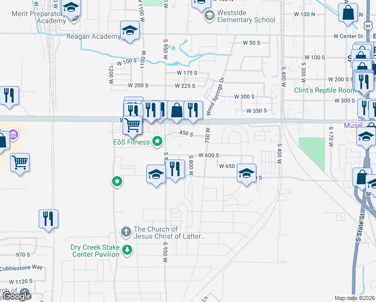 map of restaurants, bars, coffee shops, grocery stores, and more near 814 West 600 South in Springville