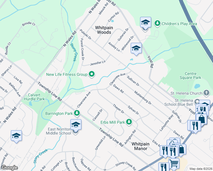 map of restaurants, bars, coffee shops, grocery stores, and more near 1621 Clearview Avenue in Blue Bell