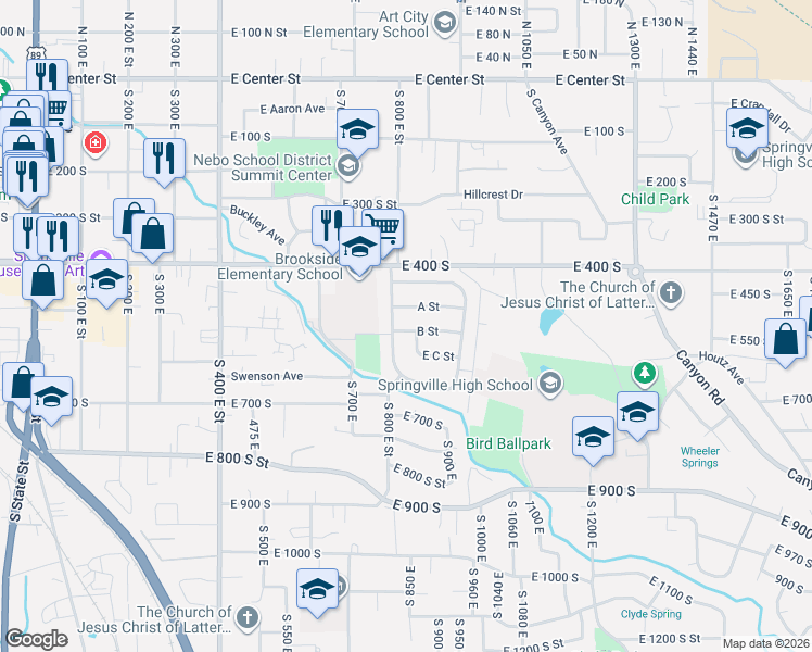 map of restaurants, bars, coffee shops, grocery stores, and more near 70 A Street in Springville