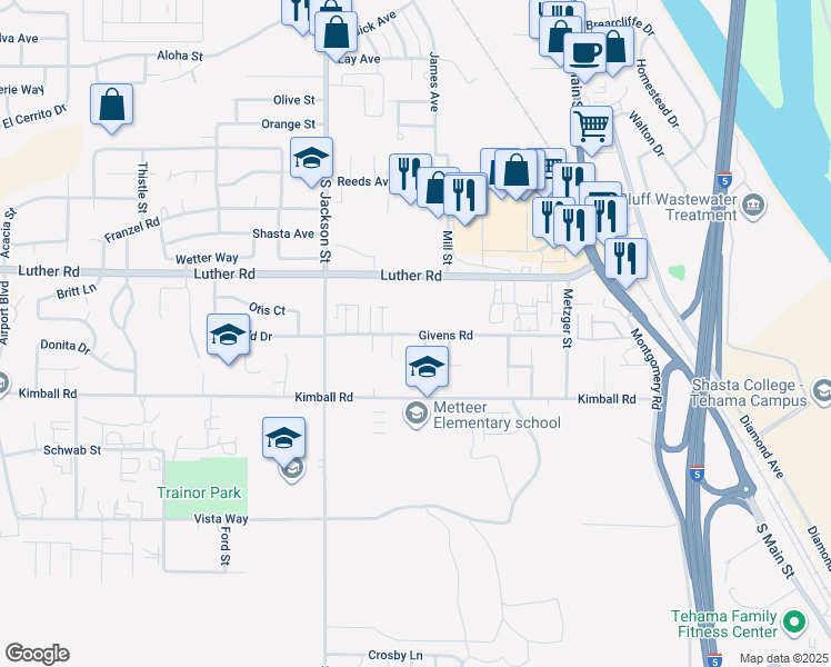 map of restaurants, bars, coffee shops, grocery stores, and more near 708 Givens Road in Red Bluff