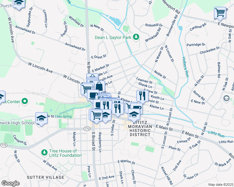 map of restaurants, bars, coffee shops, grocery stores, and more near 110 North Cedar Street in Lititz