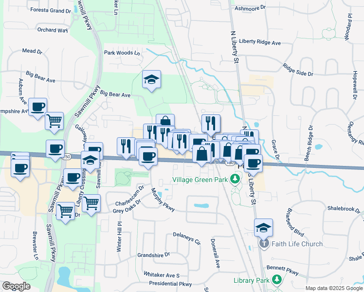 map of restaurants, bars, coffee shops, grocery stores, and more near 75 Lincoln Street in Powell