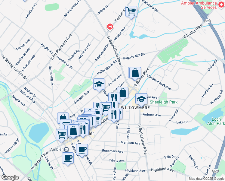 map of restaurants, bars, coffee shops, grocery stores, and more near 317 Fairview Avenue in Ambler