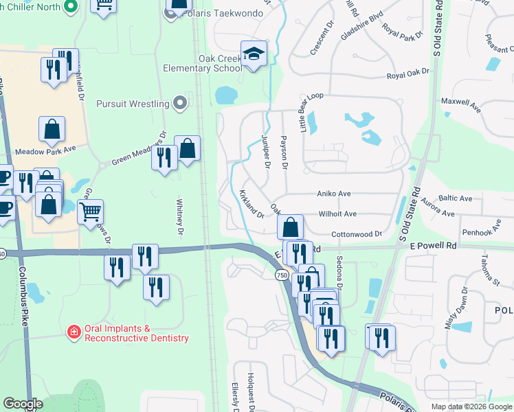 map of restaurants, bars, coffee shops, grocery stores, and more near 8665 Kirkland Drive in Lewis Center