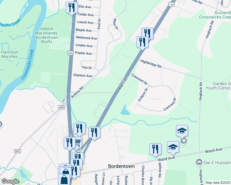 map of restaurants, bars, coffee shops, grocery stores, and more near 100 U.S. 130 in Bordentown