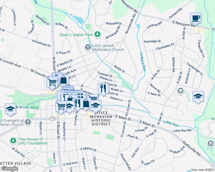 map of restaurants, bars, coffee shops, grocery stores, and more near 153 East New Street in Lititz