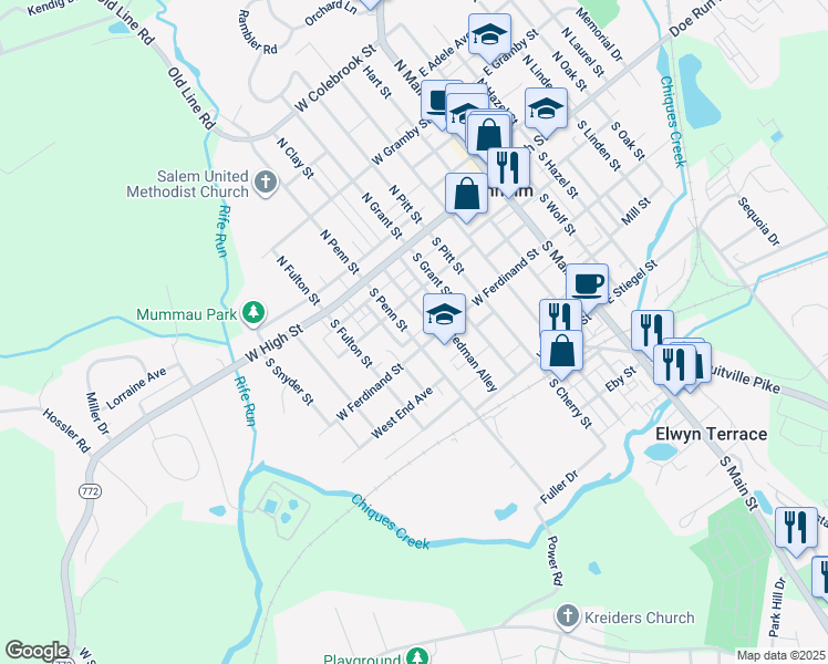 map of restaurants, bars, coffee shops, grocery stores, and more near 71 South Penn Street in Manheim