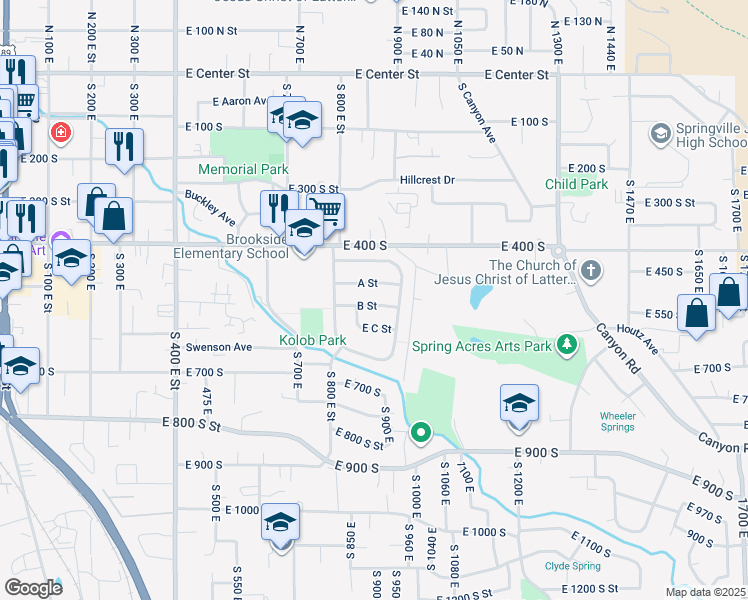 map of restaurants, bars, coffee shops, grocery stores, and more near 111 B Street in Springville