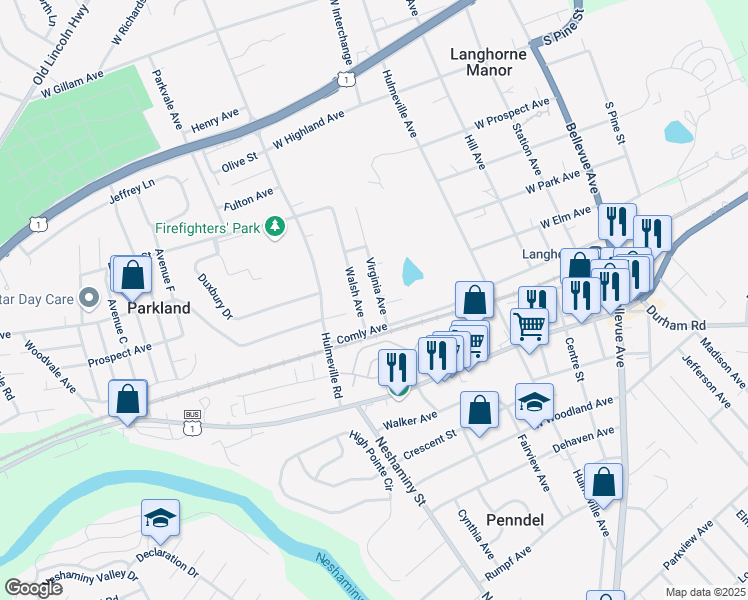 map of restaurants, bars, coffee shops, grocery stores, and more near 1025 Virginia Avenue in Langhorne