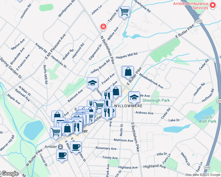 map of restaurants, bars, coffee shops, grocery stores, and more near 332 Fairview Avenue in Ambler